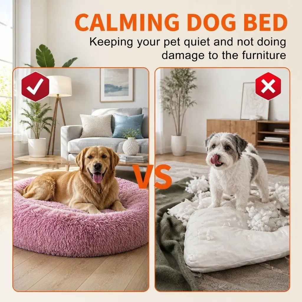 Pet Calming Bed Round Nest Warm Plush Comfy Sleeping Cave Kennel Dogs Cats
