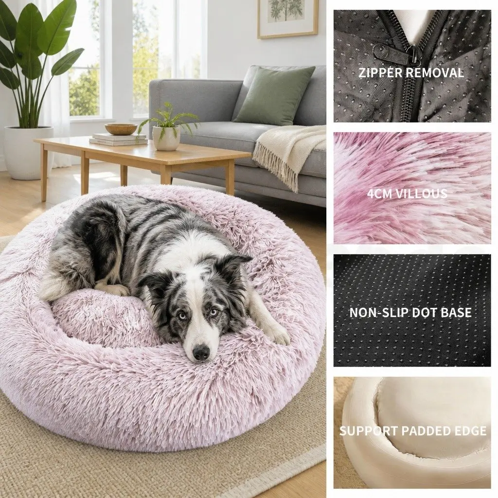 Pet Calming Bed Round Nest Warm Plush Comfy Sleeping Cave Kennel Dogs Cats