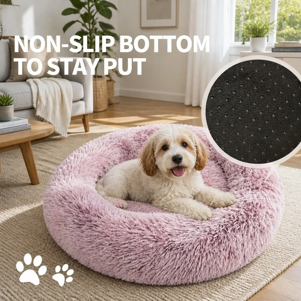 Pet Calming Bed Round Nest Warm Plush Comfy Sleeping Cave Kennel Dogs Cats