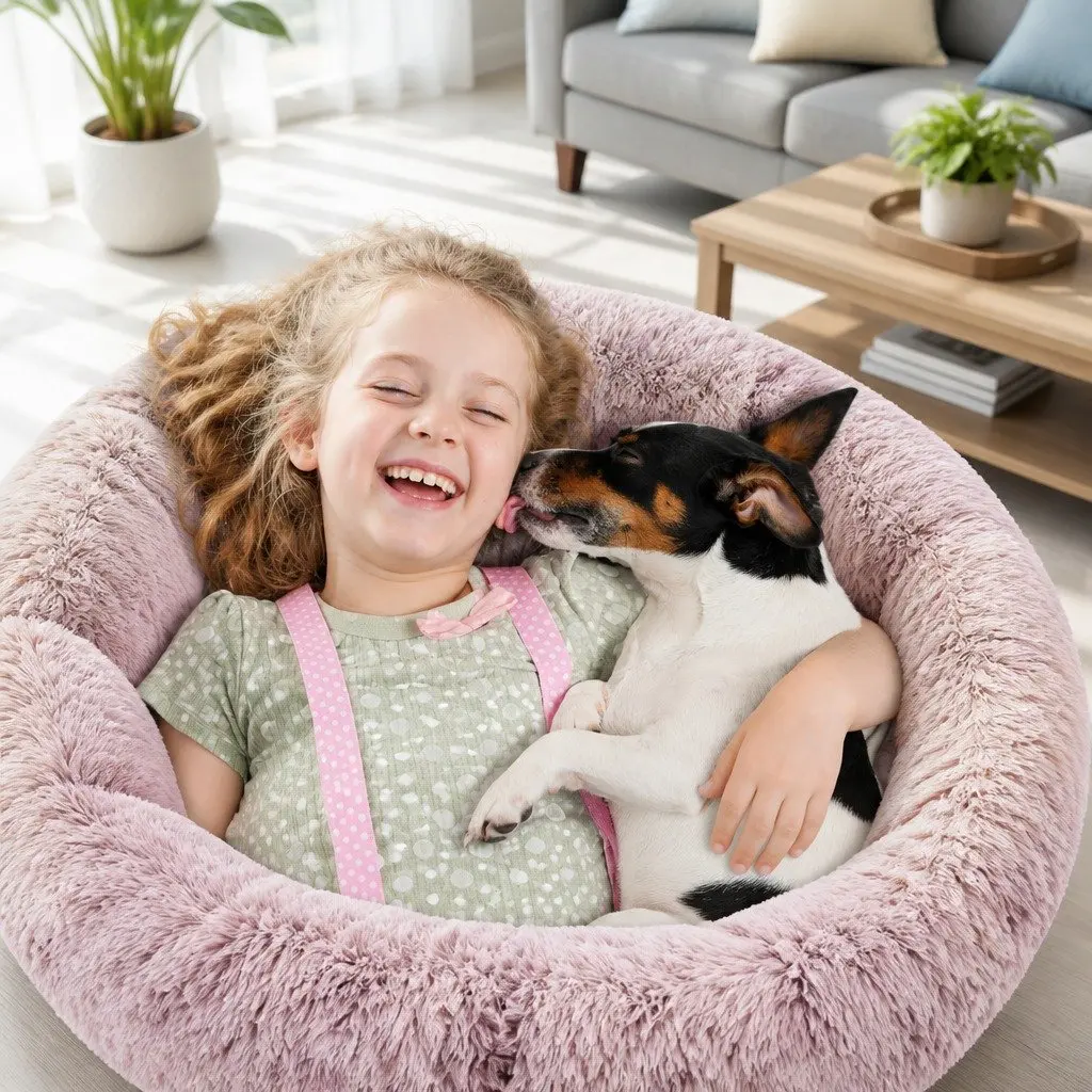 Pet Calming Bed Round Nest Warm Plush Comfy Sleeping Cave Kennel Dogs Cats