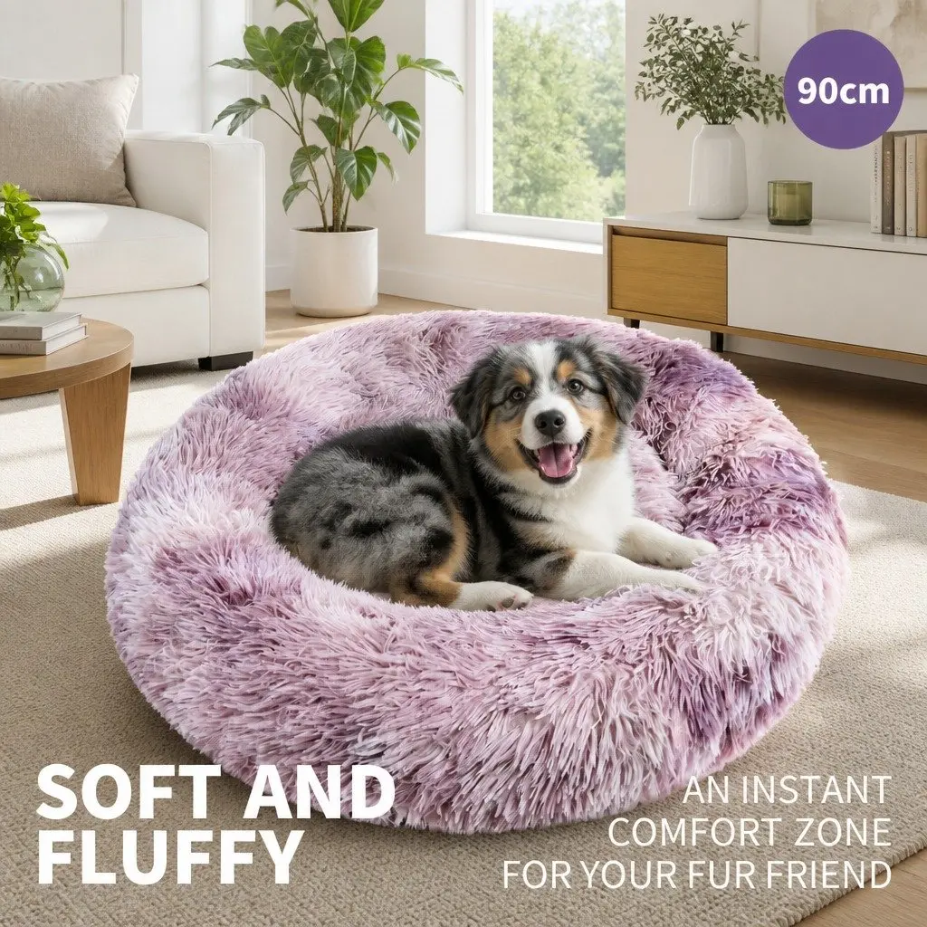Pet Calming Bed Round Nest Warm Soft Plush Comfy Sleeping Cave Kennel 90cm
