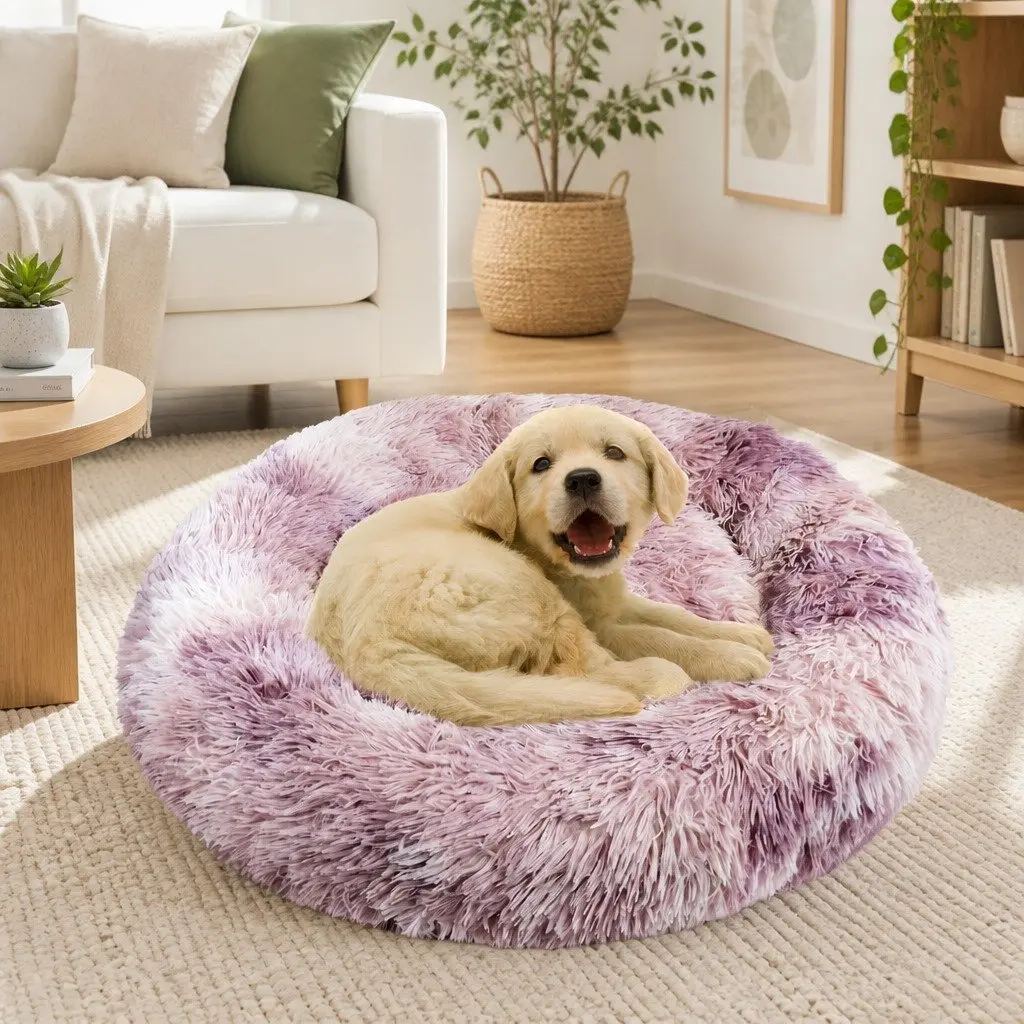 Pet Calming Bed Round Nest Warm Soft Plush Comfy Sleeping Cave Kennel 90cm