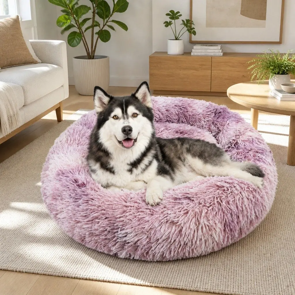 Pet Calming Bed Round Nest Warm Soft Plush Comfy Sleeping Cave Kennel 90cm