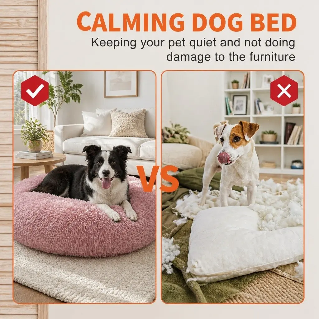 Pet Calming Bed Round Nest Warm Soft Plush Comfy Sleeping Cave Kennel 90cm