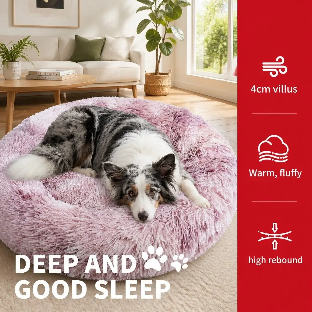 Pet Calming Bed Round Nest Warm Soft Plush Comfy Sleeping Cave Kennel 90cm