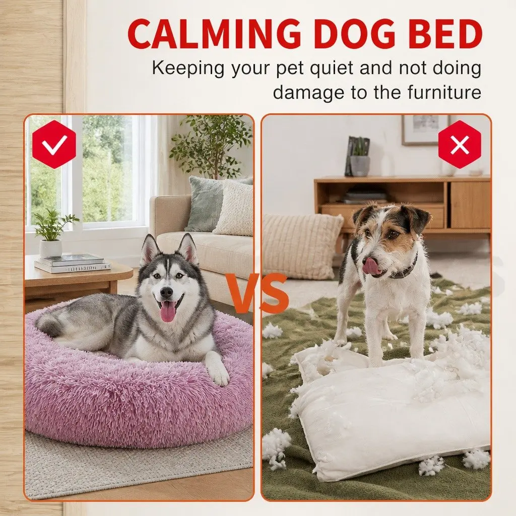 Dog Cat Pet Calming Bed Round Nest Warm Plush Comfy Sleeping Cave 120cm