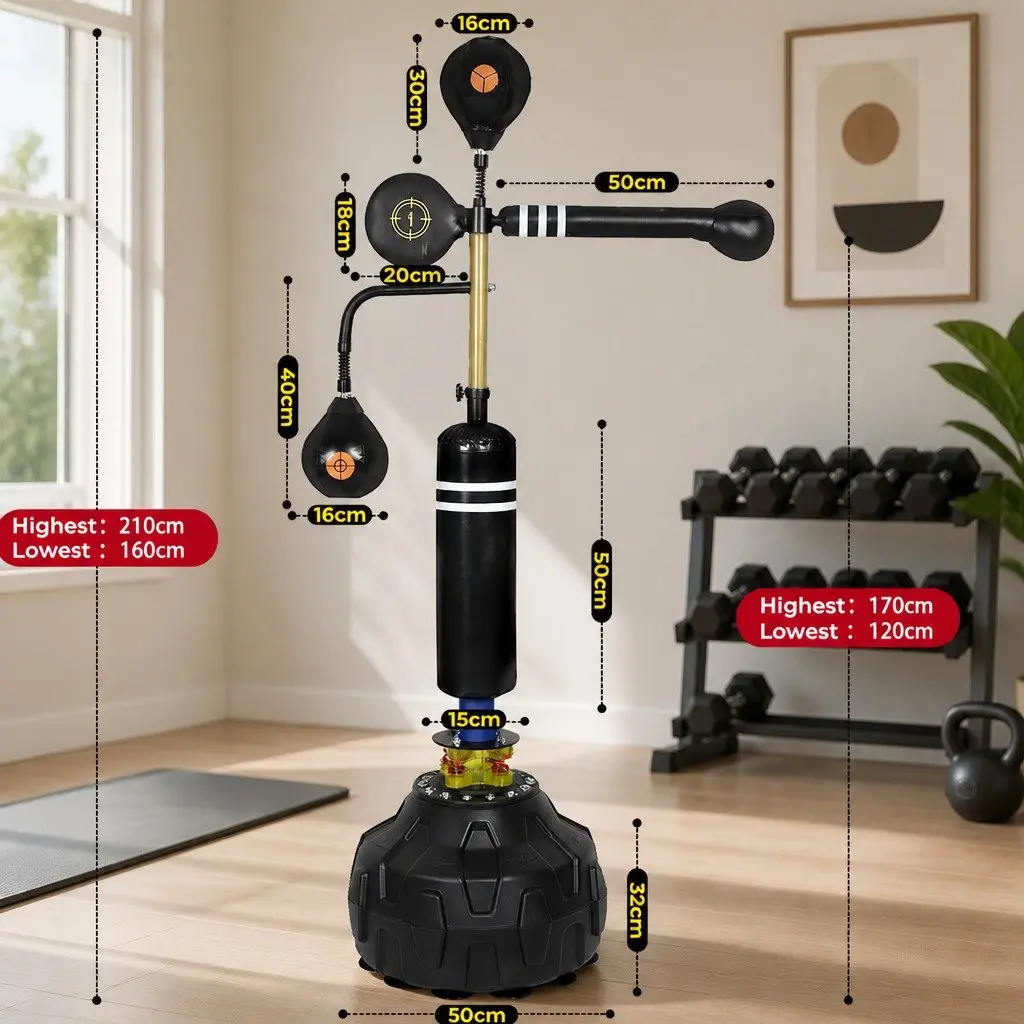 Free Standing Boxing Speed Ball Punching Bag Reflex Training Adjustable Height 166cm to 180cm Black