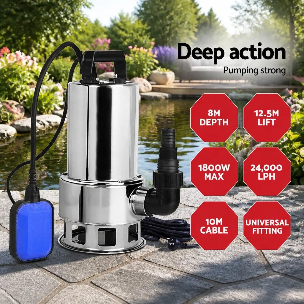 Submersible Dirty Water Pump for Draining Pools and Tanks 1800W Max Flow Rate 24000L/H