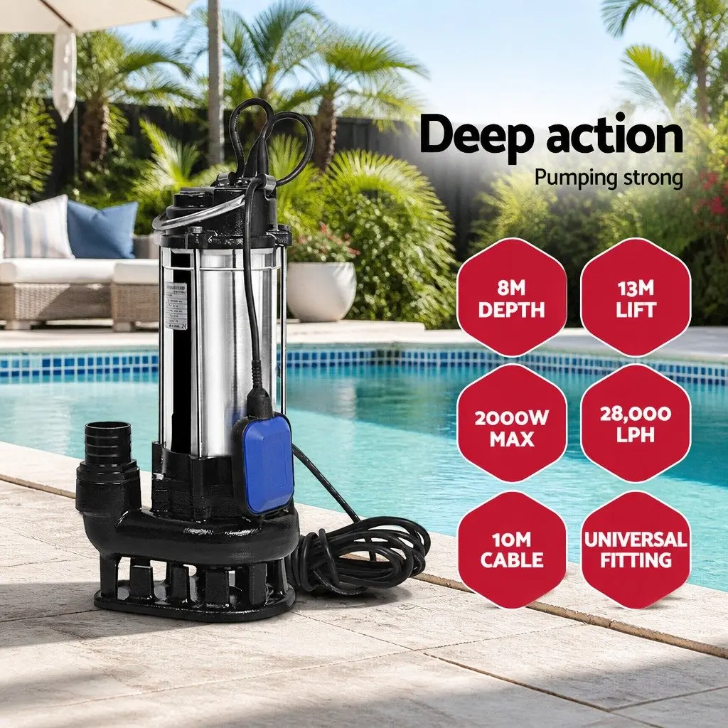 Submersible Dirty Water Pump 2000W Max 28000L/H Bore Tank Well Automatic Steel
