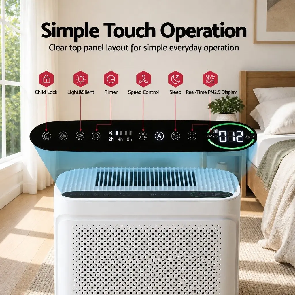 Air Purifier Bedroom HEPA Filter Digital PM2.5 Display White 200m³/h