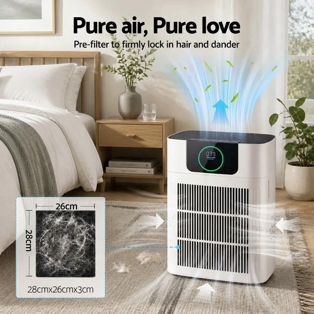 Pet Air Purifier H12 HEPA Filter Cleaner Double Sided Intake PM2.5 Display White