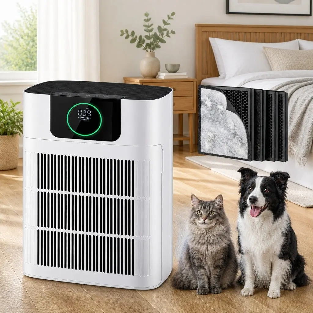 Pet Air Purifier H12 HEPA Filter Cleaner Double Sided Intake PM2.5 Display White