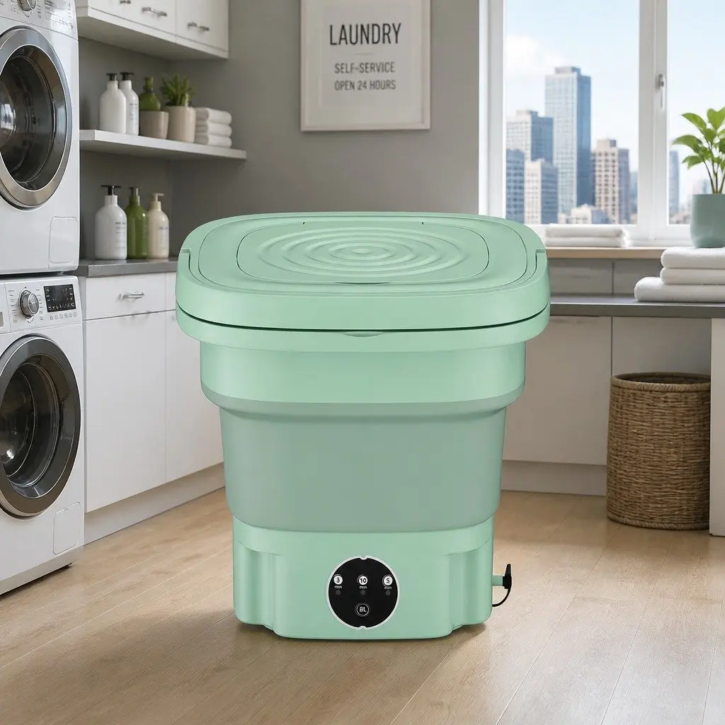 Portable Folding Washing Machine for Travel 8L Capacity Lightweight Green