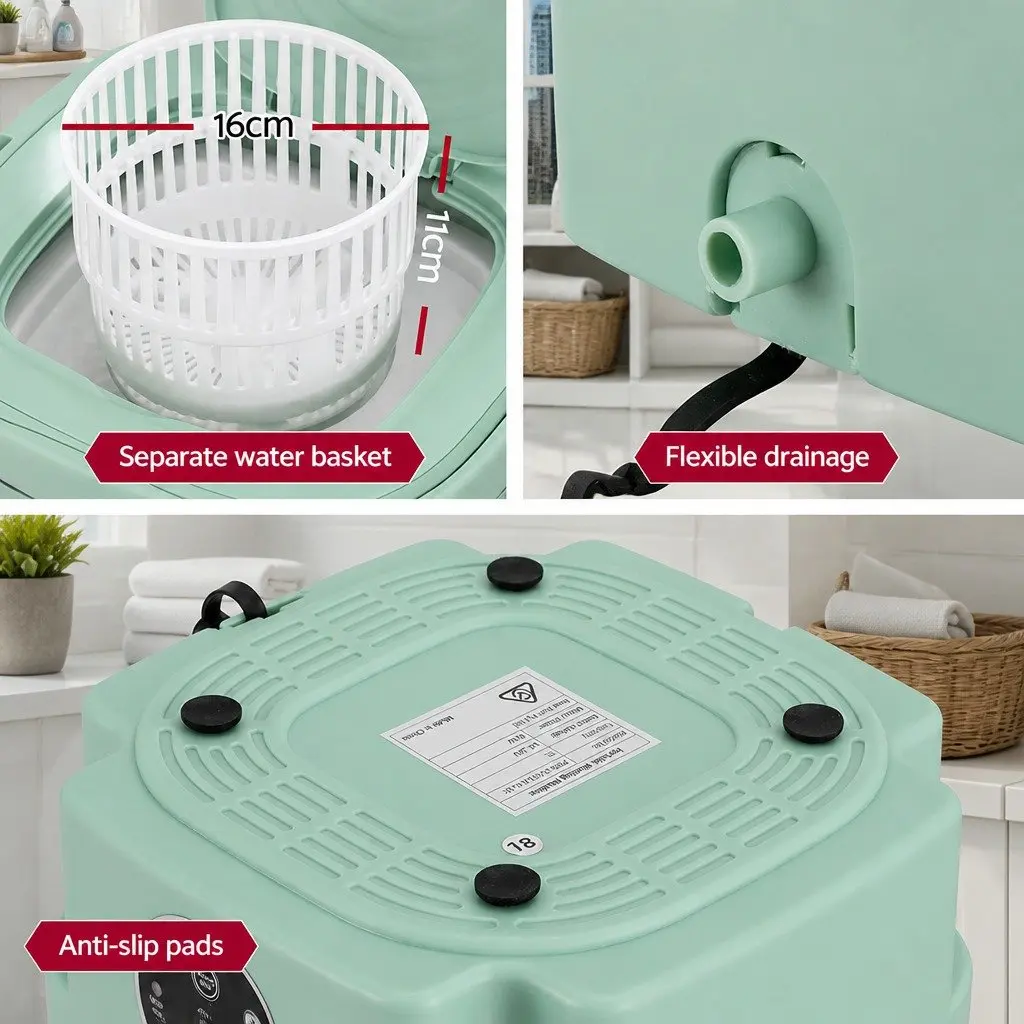 Portable Folding Washing Machine for Travel 8L Capacity Lightweight Green