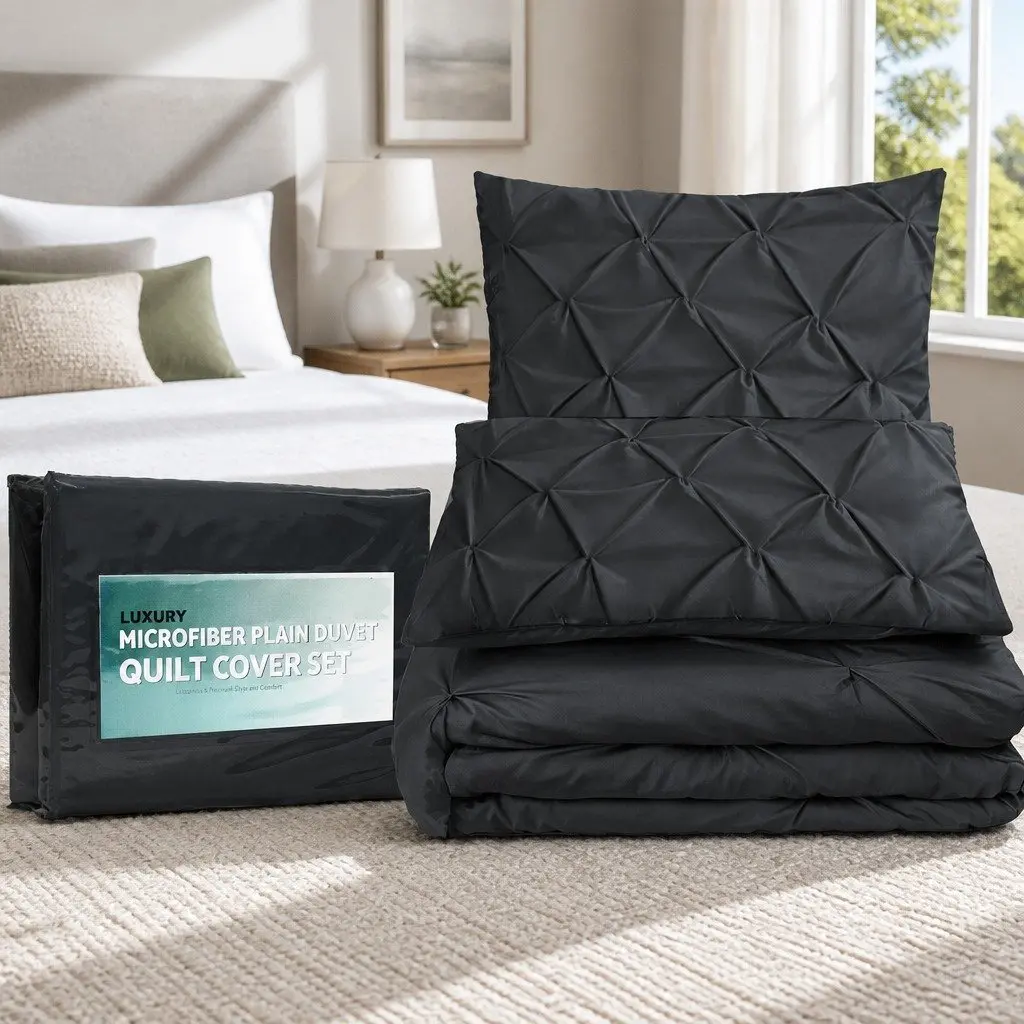 Queen Quilt Cover Set Bedding 3 Piece Black