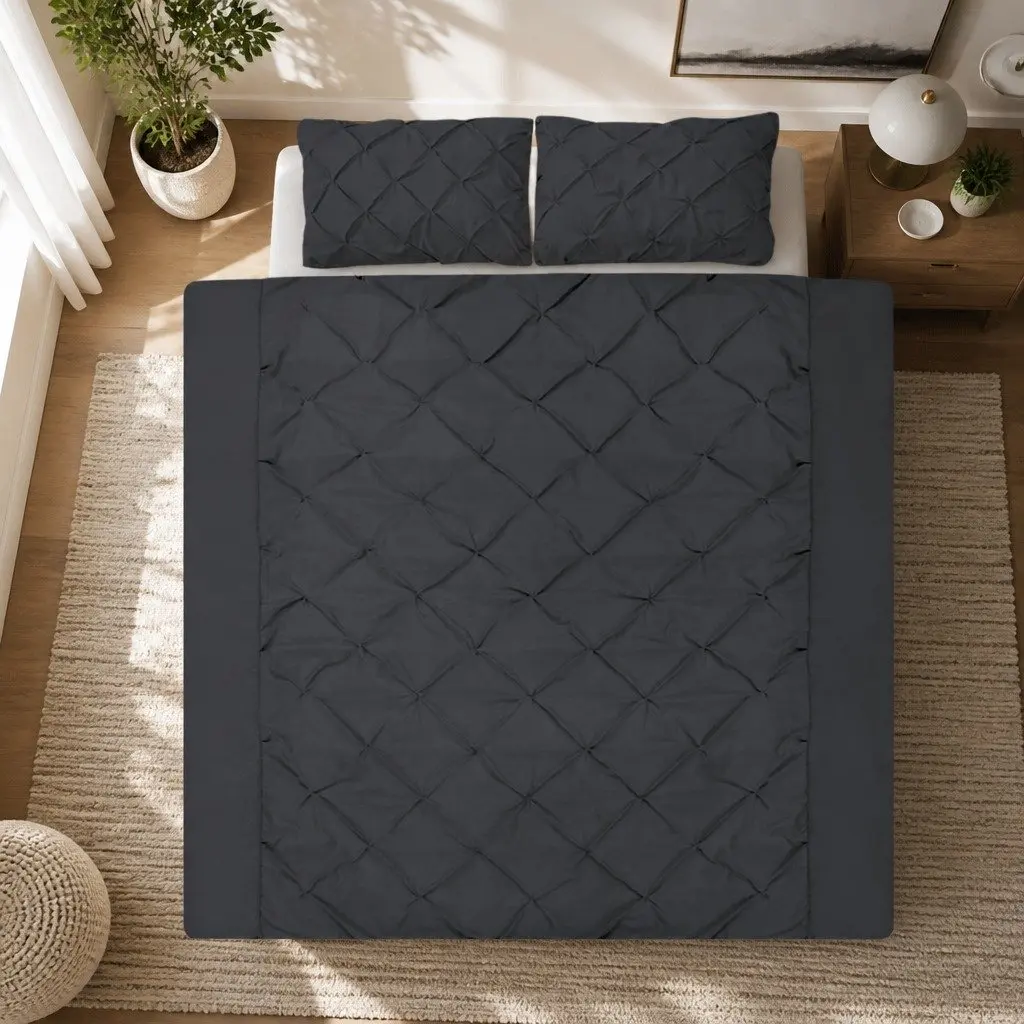 Quilt Cover Set Diamond Pintuck Design Super King Black 3 Piece Bedding