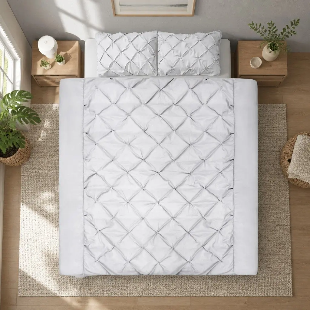 King Quilt Cover Set 3 Piece Diamond Pintuck Duvet Bedding Grey Pillow Cases