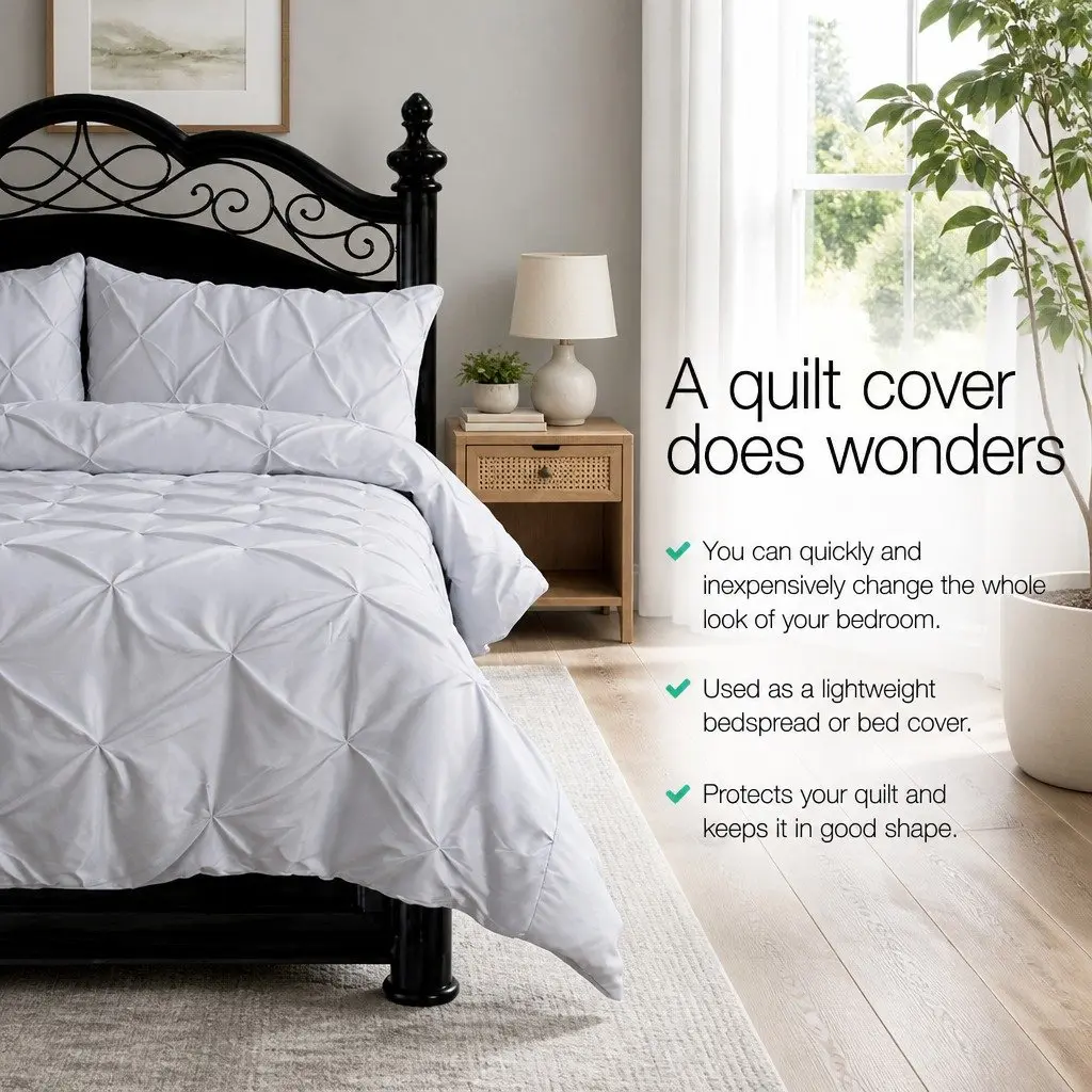 King Quilt Cover Set 3 Piece Diamond Pintuck Duvet Bedding Grey Pillow Cases