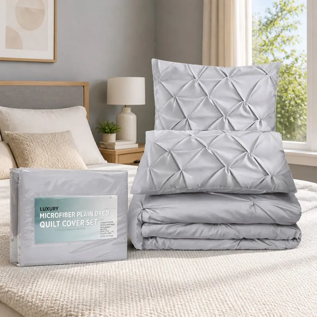 King Quilt Cover Set 3 Piece Diamond Pintuck Duvet Bedding Grey Pillow Cases