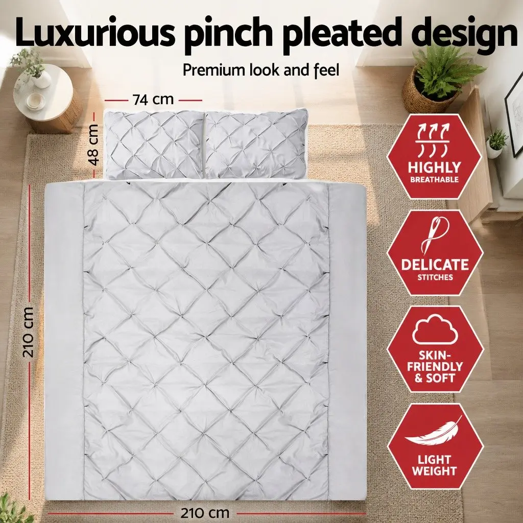Queen Quilt Cover Set 3-Piece Pinch Pleat Diamond Bedding Grey Pillowcases