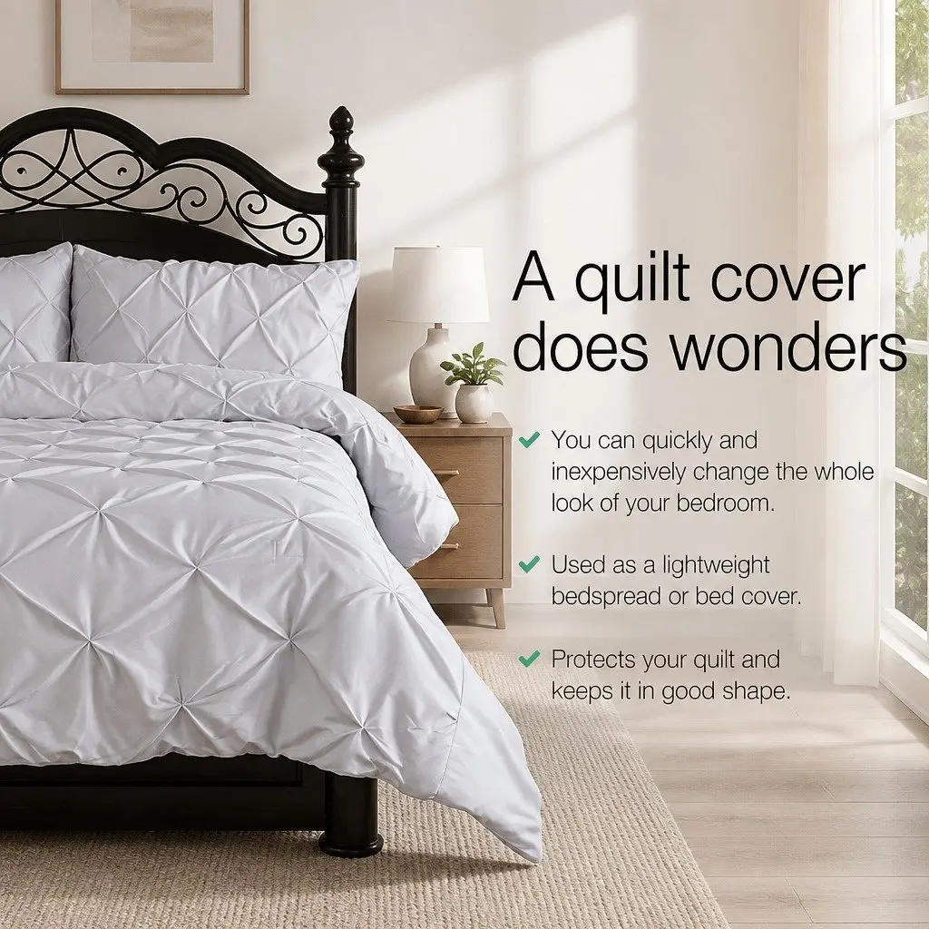 Queen Quilt Cover Set 3-Piece Pinch Pleat Diamond Bedding Grey Pillowcases