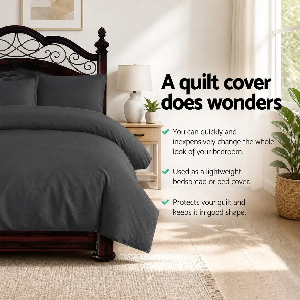 Queen Quilt Cover Set 3 Piece Bedding Duvet Pillowcase Bedroom Home Decor Black