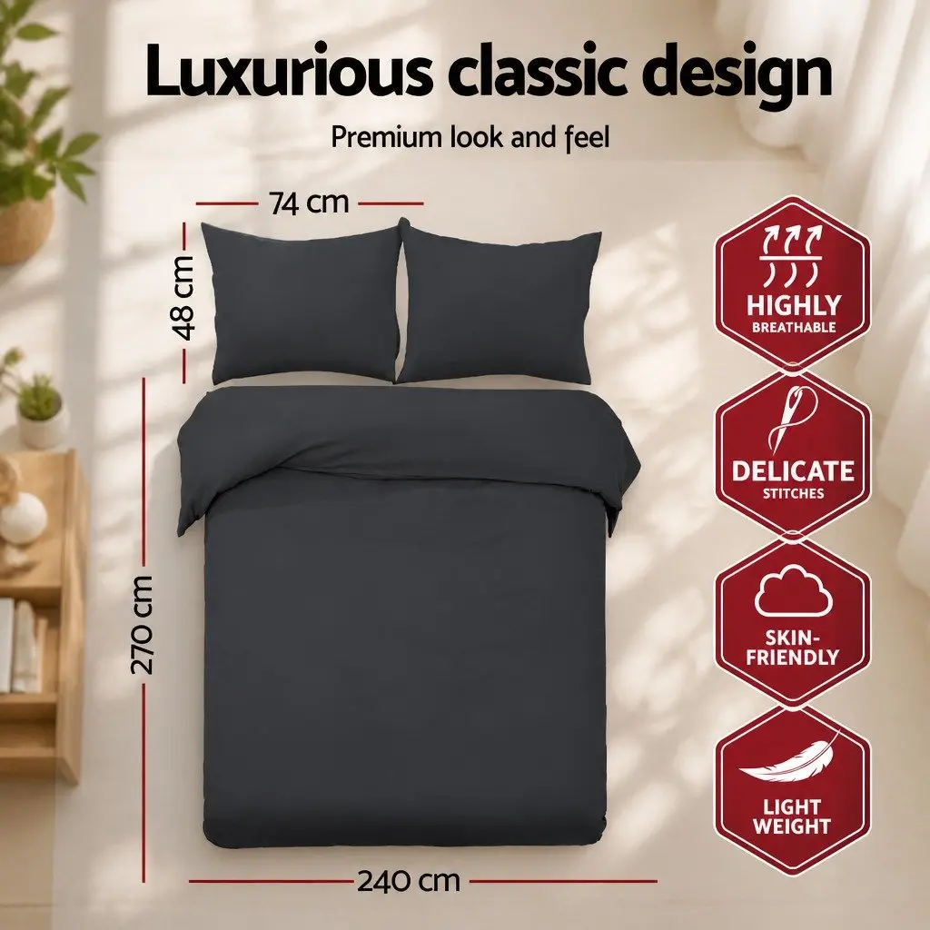 Quilt Cover Set Super King Black 3 Piece Duvet Bedding Microfibre Pillowcases