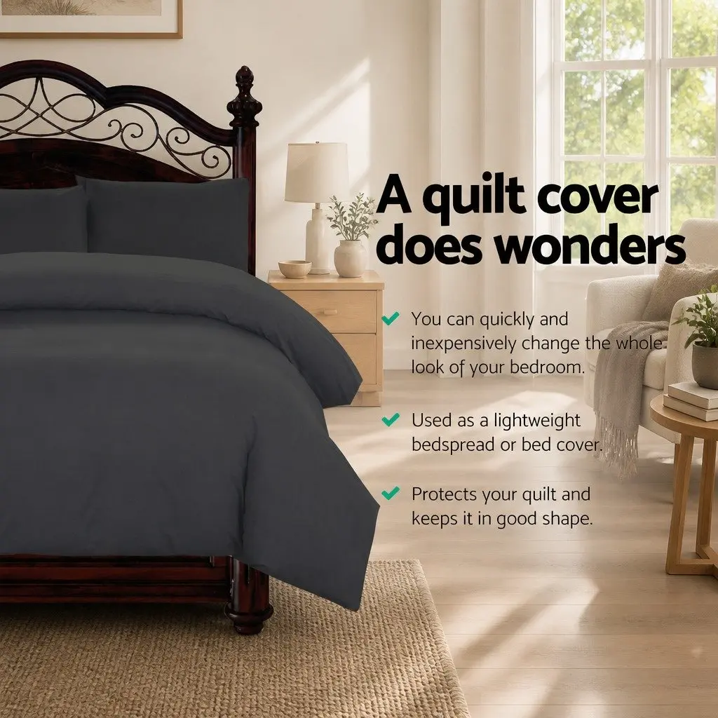 Quilt Cover Set Super King Black 3 Piece Duvet Bedding Microfibre Pillowcases