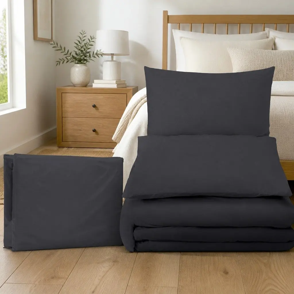 Quilt Cover Set Super King Black 3 Piece Duvet Bedding Microfibre Pillowcases