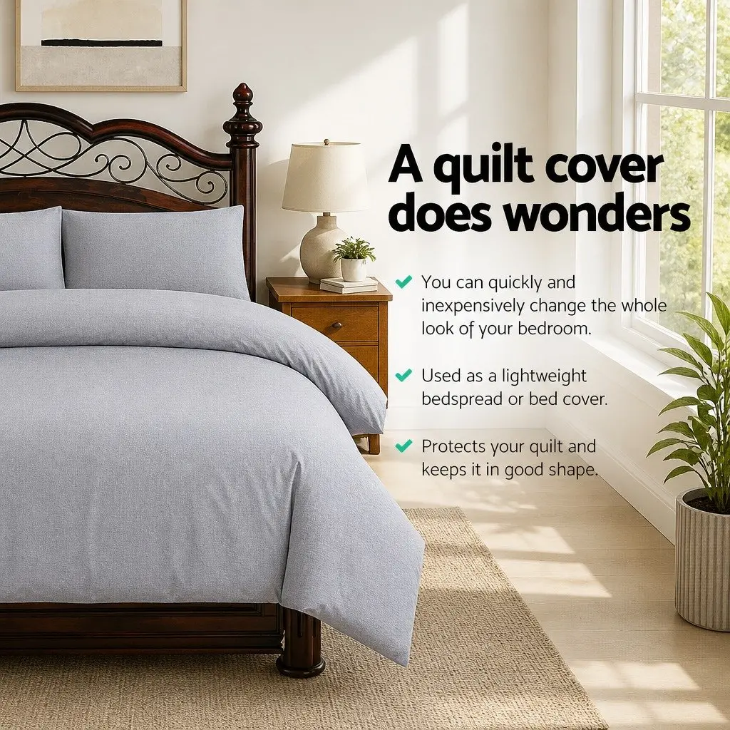 Queen Quilt Cover Set Grey 3 Piece Bedding Duvet Pillowcase Bedroom