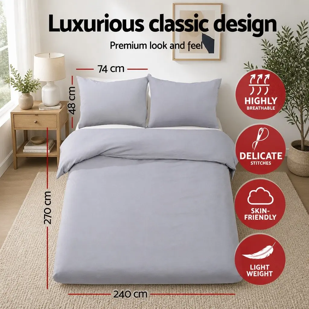 Super King Quilt Cover Set Grey Microfibre 3 Piece Duvet Bedding