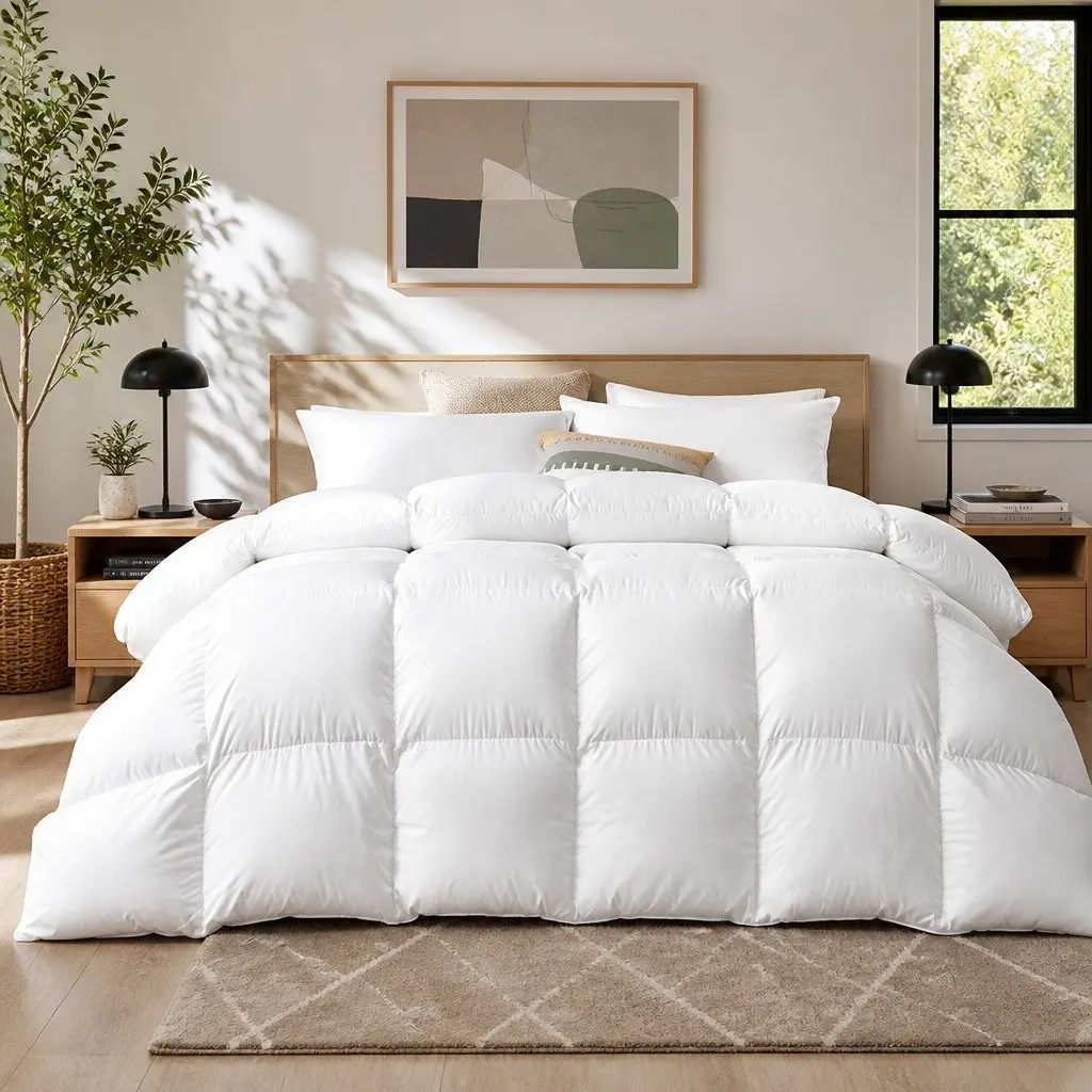 Duck Down Feather Quilt Queen Size 700GSM Baffle Construction White Cotton Cover