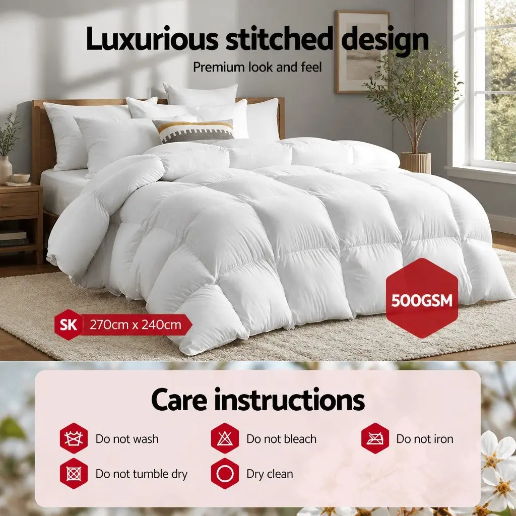 Super King Duck Feather Down Quilt 500GSM Winter Warmth White Bedding