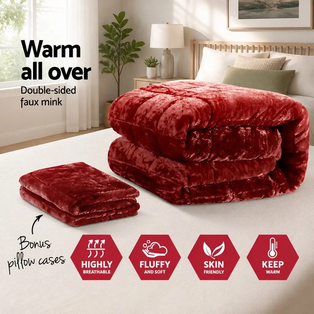 Faux Mink Quilt King Size Burgundy Double-Sided Bedding