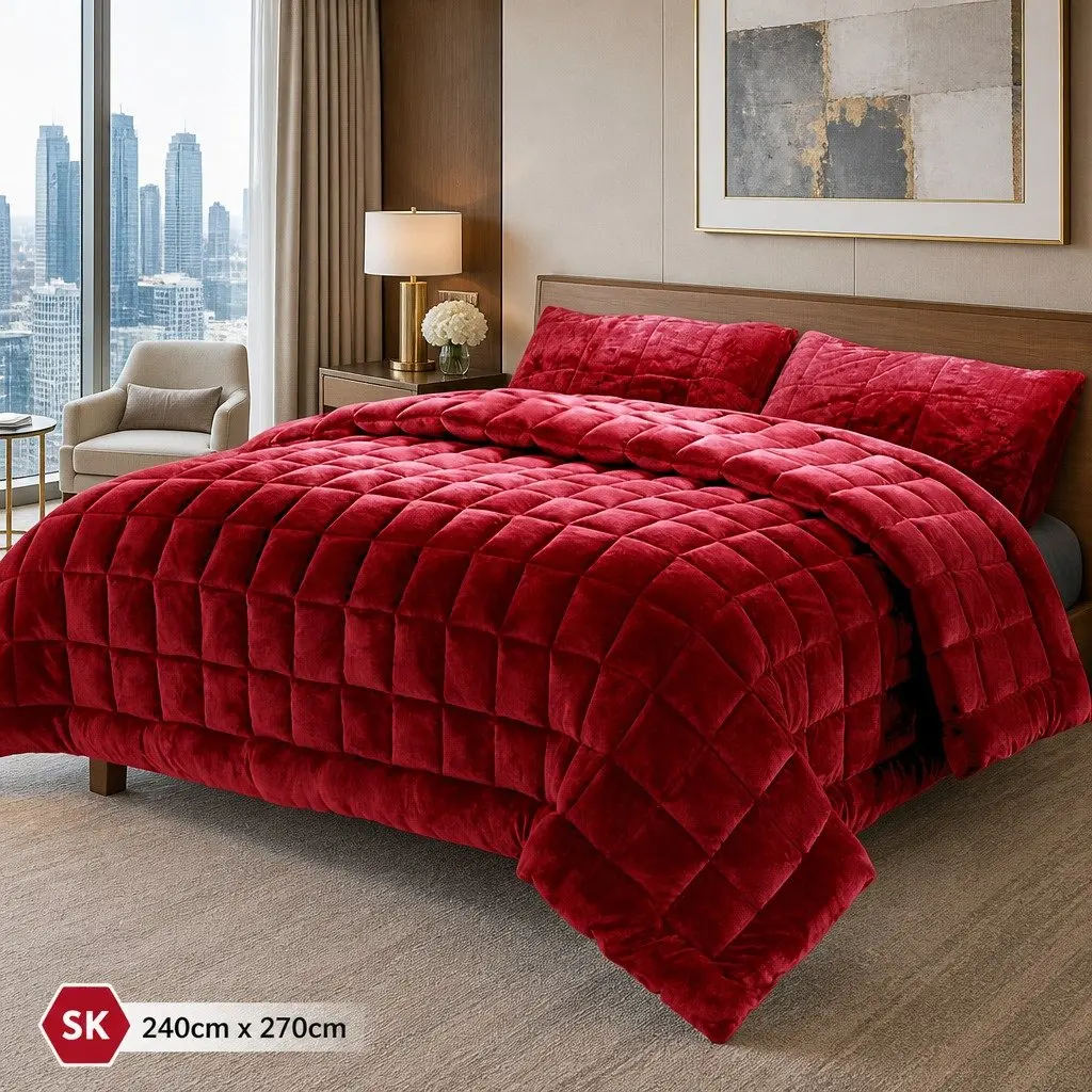 Faux Mink Quilt Burgundy Super King Size Double-Sided Winter Bed Cover Machine
