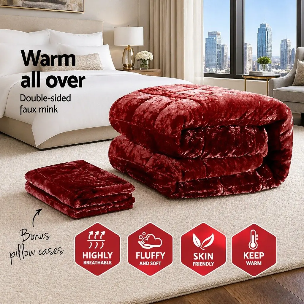 Faux Mink Quilt Burgundy Super King Size Double-Sided Winter Bed Cover Machine