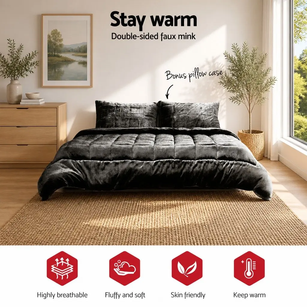 Faux Mink Quilt Queen Size Double-Sided Bedding Set with Pillowcases