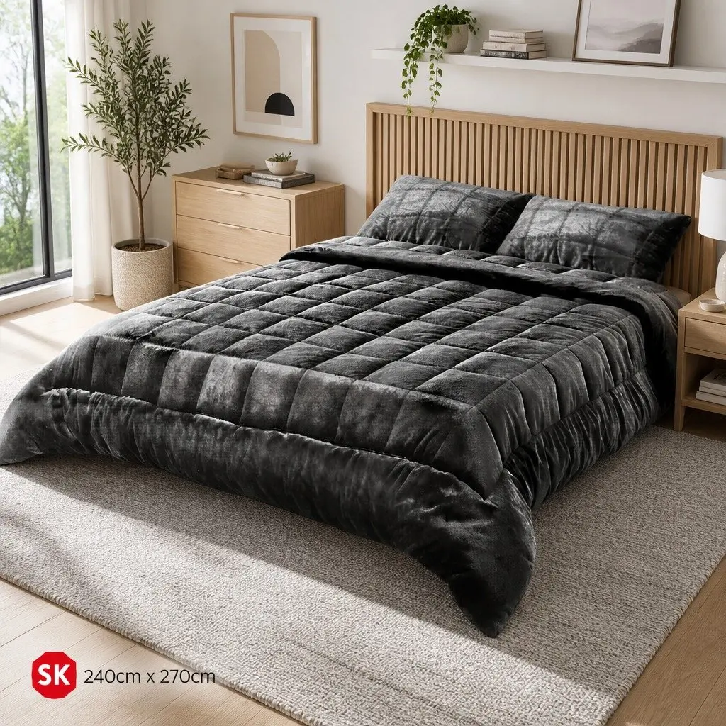 Faux Mink Quilt Super King Size Charcoal Double-Sided Winter Bedding with
