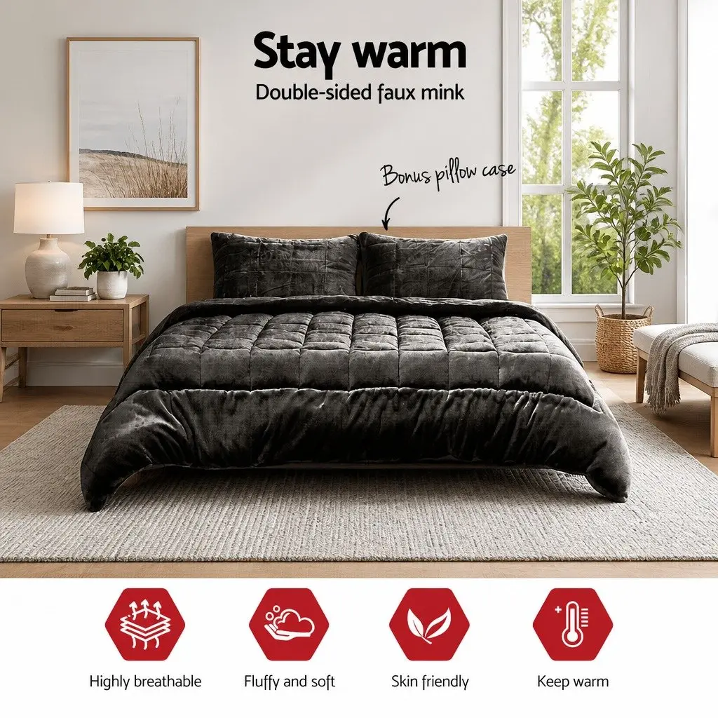 Faux Mink Quilt Super King Size Charcoal Double-Sided Winter Bedding with