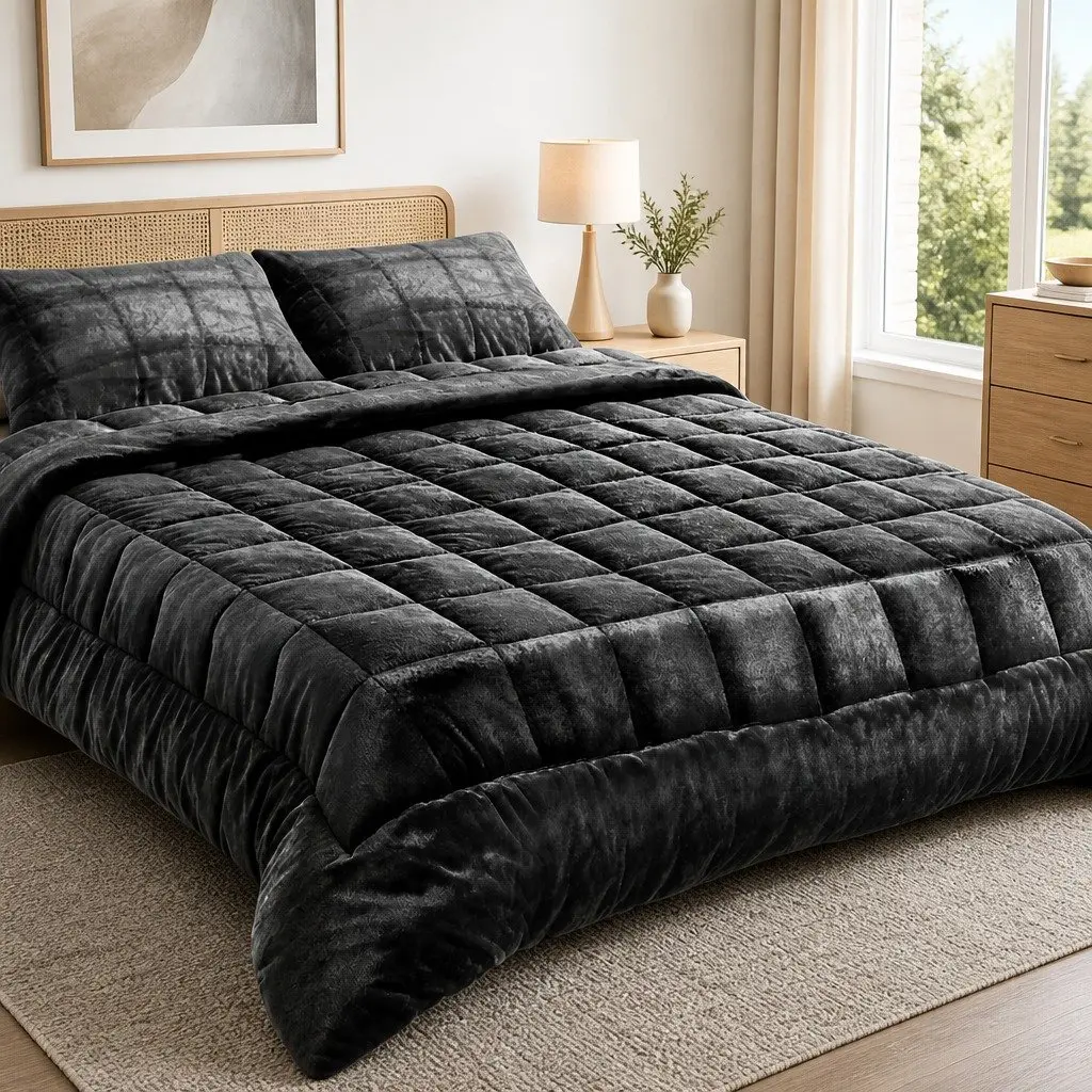 Faux Mink Quilt Super King Size Charcoal Double-Sided Winter Bedding with
