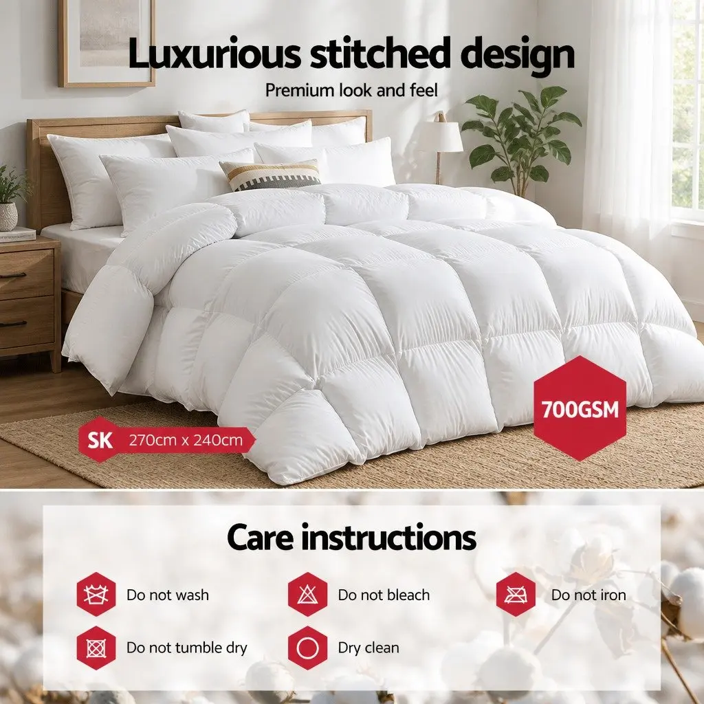 Super King Goose Down Feather Quilt Lightweight Baffle Box 700GSM Breathable Cotton Cover