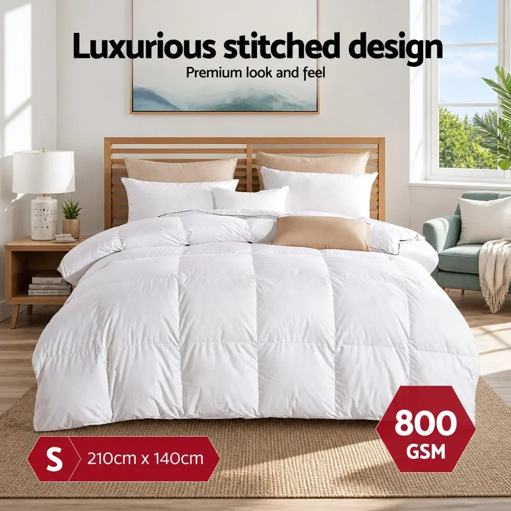 Goose Down Feather Duvet Quilt Single Size 800GSM Winter Comforter White Cotton Cover
