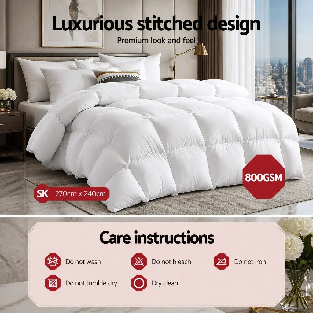 Goose Down Feather Quilt Super King Winter Weight 800GSM White
