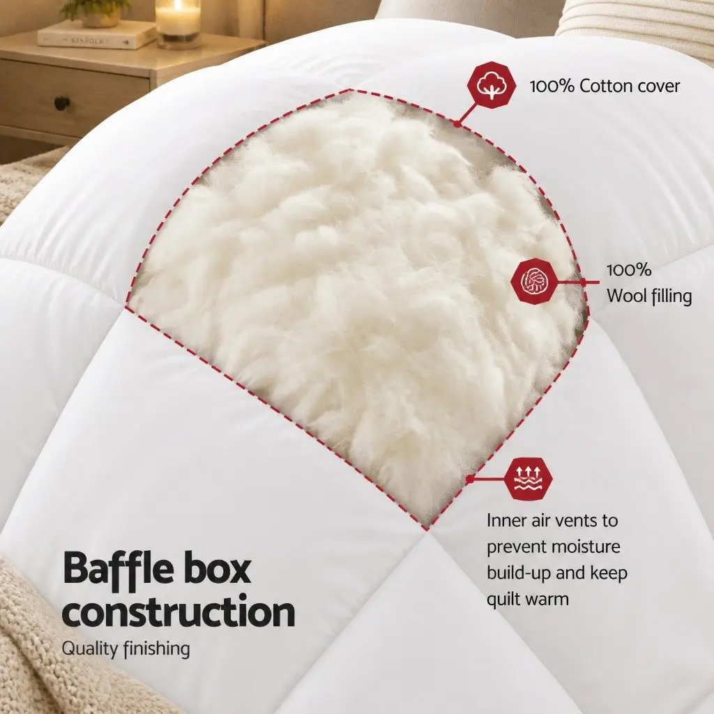 Wool Quilt 800GSM Double Winter Doona Baffle Box Construction Pure Cotton Cover
