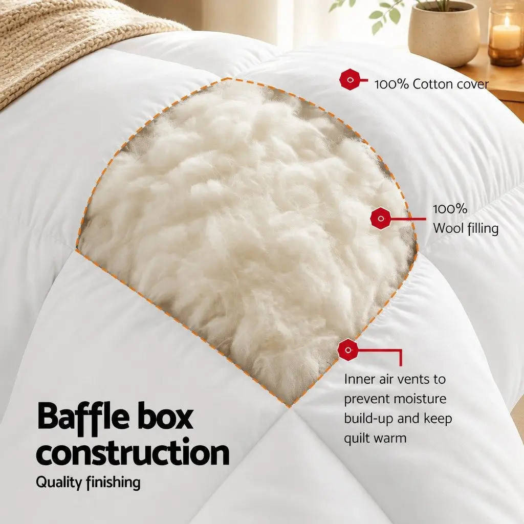 King Wool Quilt for Winter 800GSM Baffle Box Construction White Bedding 240cm x 210cm