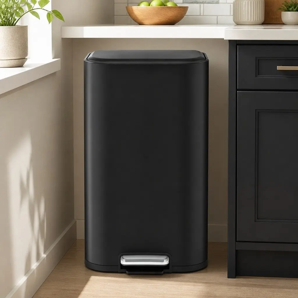 40L Pedal Kitchen Trash Can Rectangular Garbage Bin Steel Black