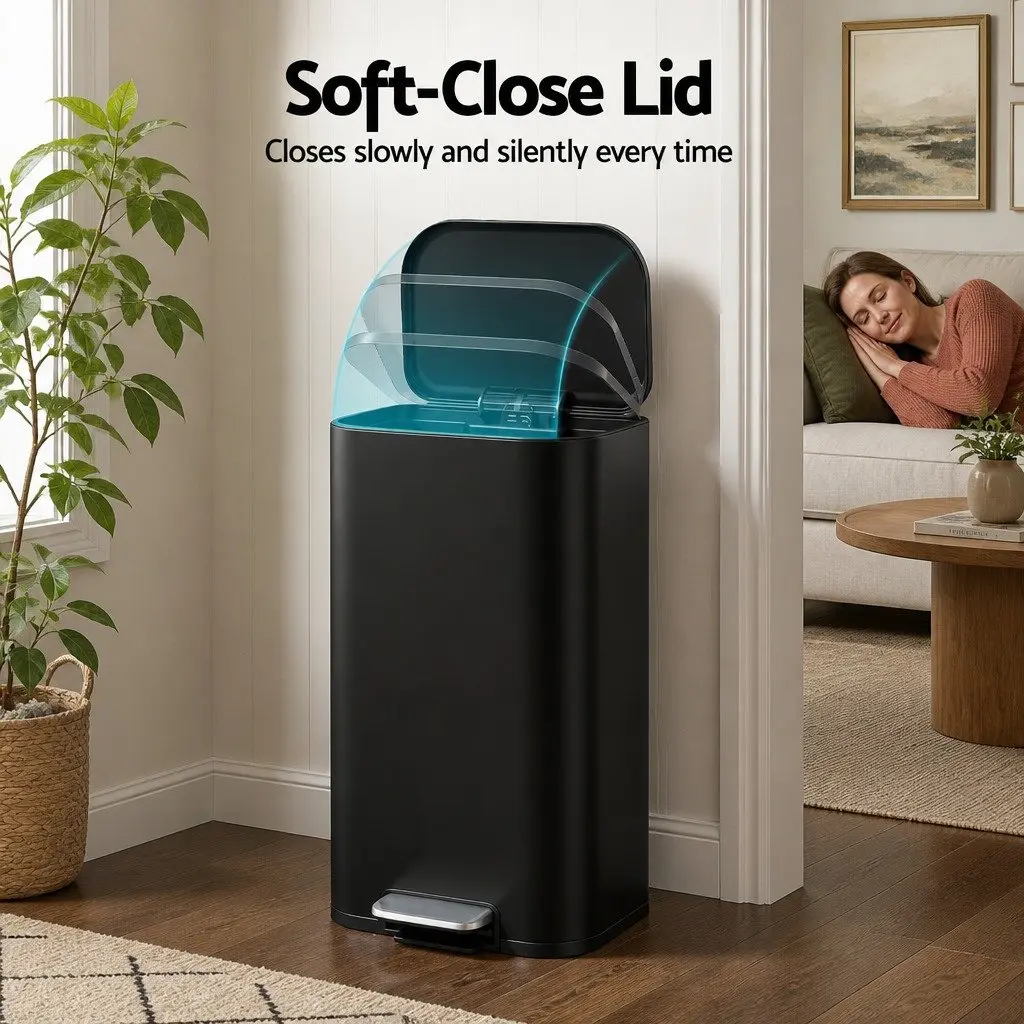 40L Pedal Kitchen Trash Can Rectangular Garbage Bin Steel Black