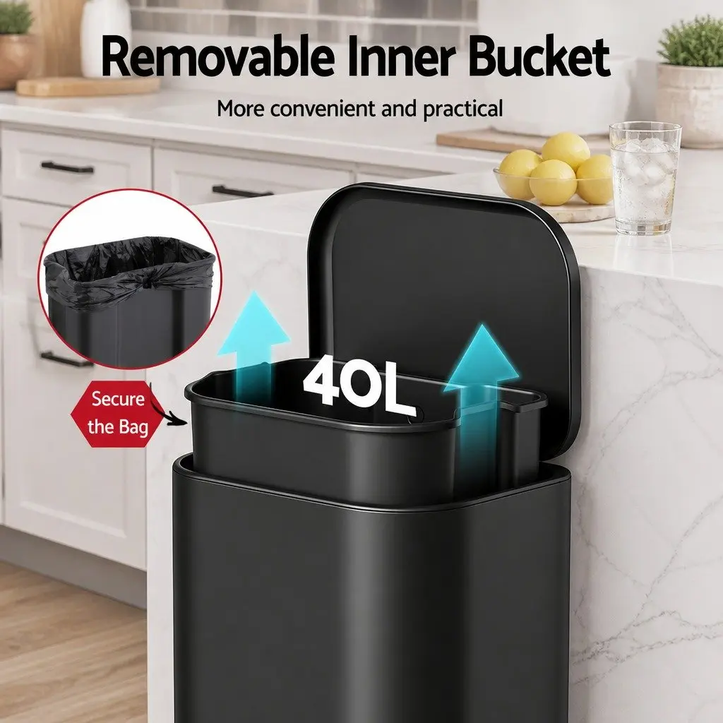 40L Pedal Kitchen Trash Can Rectangular Garbage Bin Steel Black