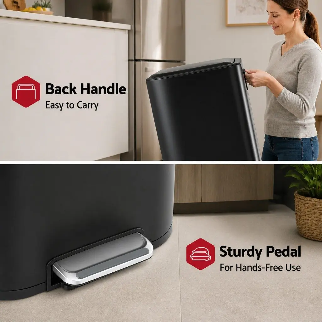 40L Pedal Kitchen Trash Can Rectangular Garbage Bin Steel Black