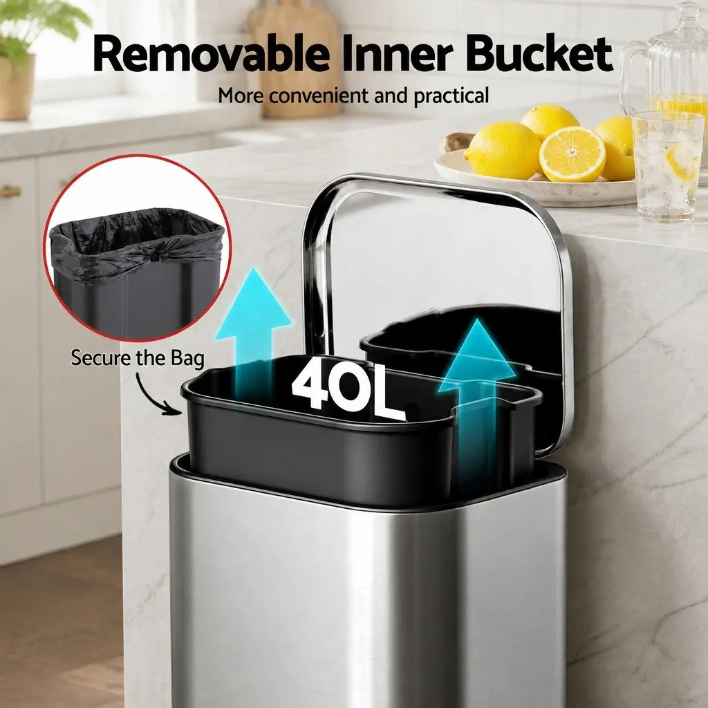 Pedal Bin Kitchen 40L Steel Trash Can Soft Close Lid Removable Bucket